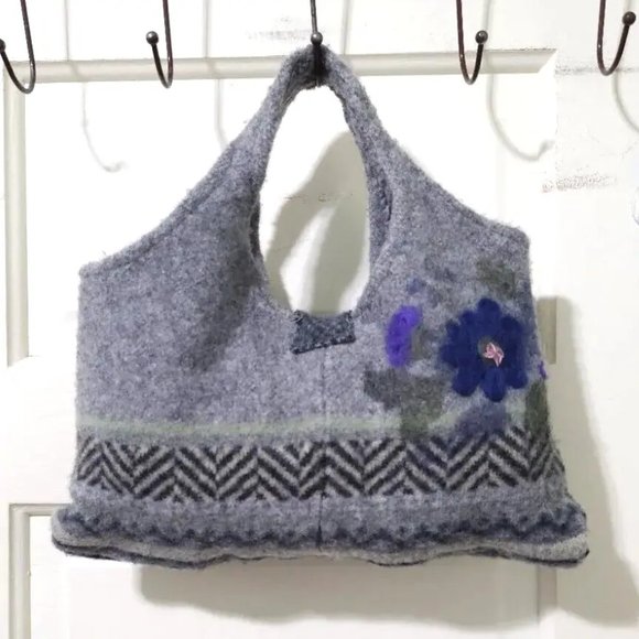 Handmade Gray Purple Felted WOOL Beaded Embroidered Small Hand Bag Tote Purse - Picture 4 of 12